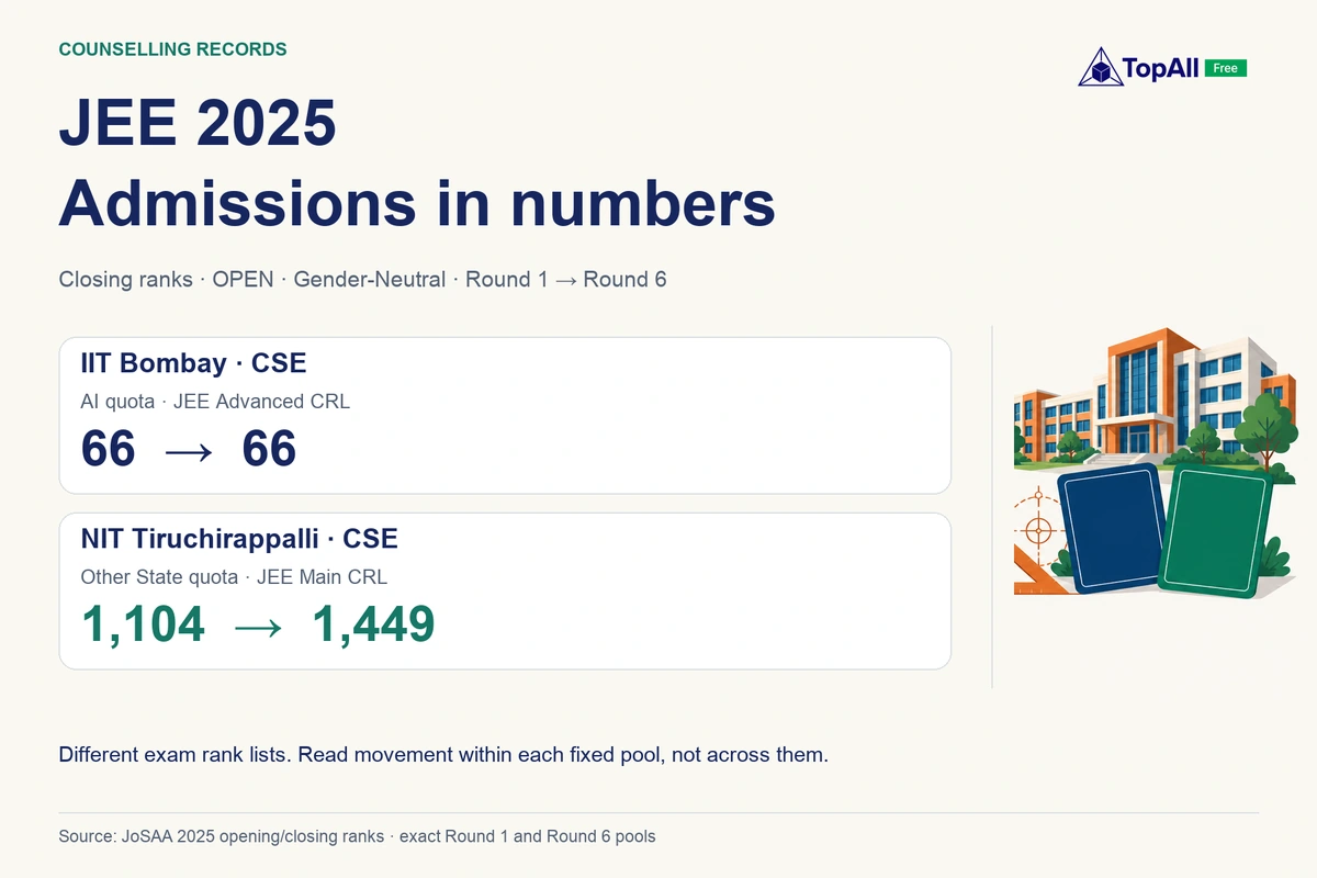 JoSAA 2025 closing ranks: IIT Bombay CSE, AI/OPEN/Gender-Neutral, stayed at 66 from Round 1 to 6 on Advanced CRL. NIT Tiruchirappalli CSE, Other State/OPEN/Gender-Neutral, moved from 1,104 to 1,449 on Main CRL. These rank lists differ.