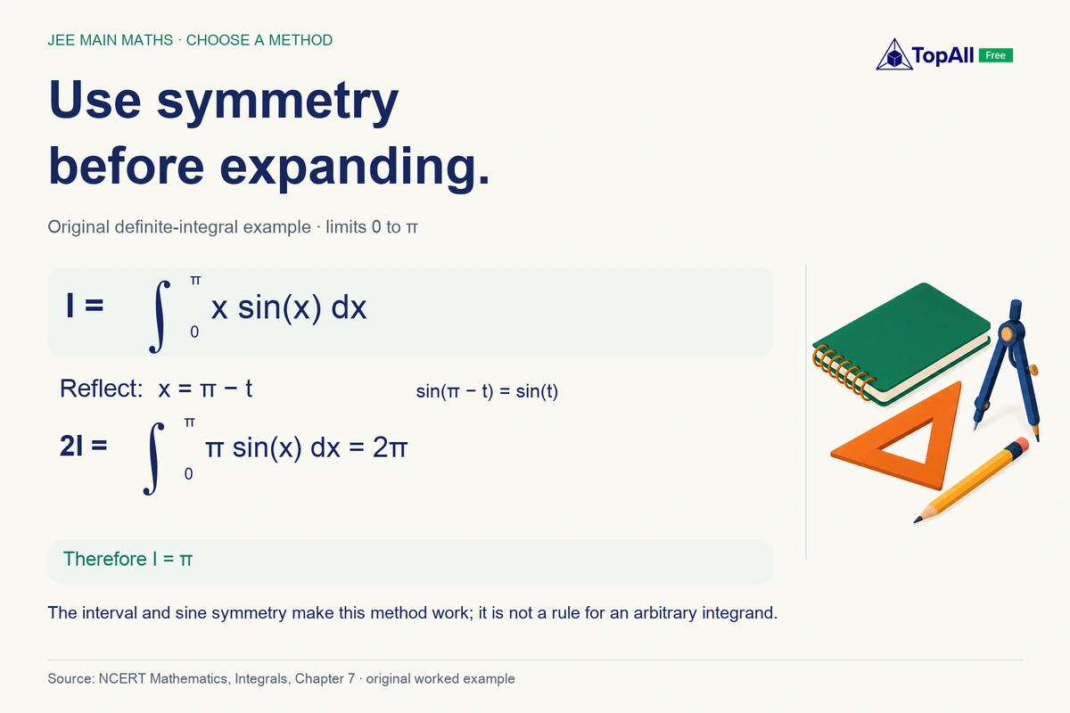 For the original example I equals the integral from zero to pi of x sin x dx, substitute x = pi minus t. Add the reflected expression to get 2I = pi times the integral of sin x from zero to pi = 2pi. Therefore I = pi. The method uses the stated interval and sine symmetry.