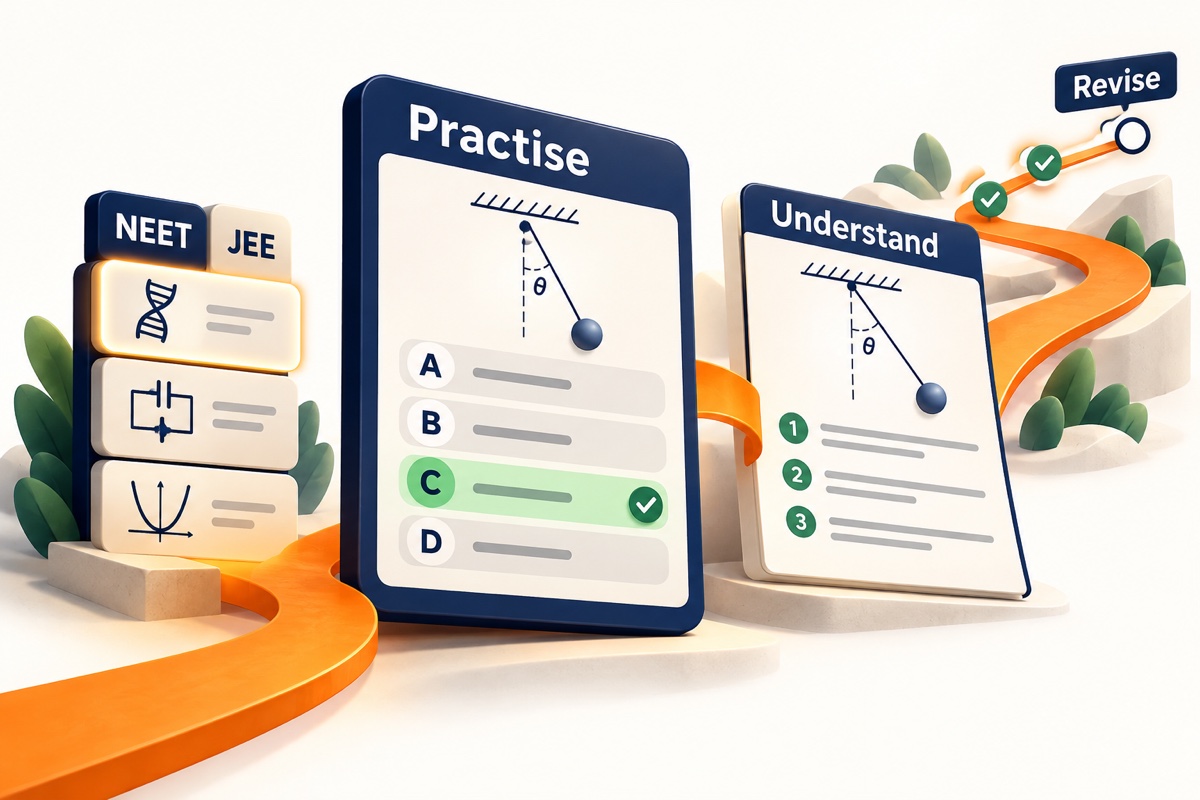 An orange learning path connects NEET and JEE chapters to an answered practice question, a worked explanation and the next revision step.