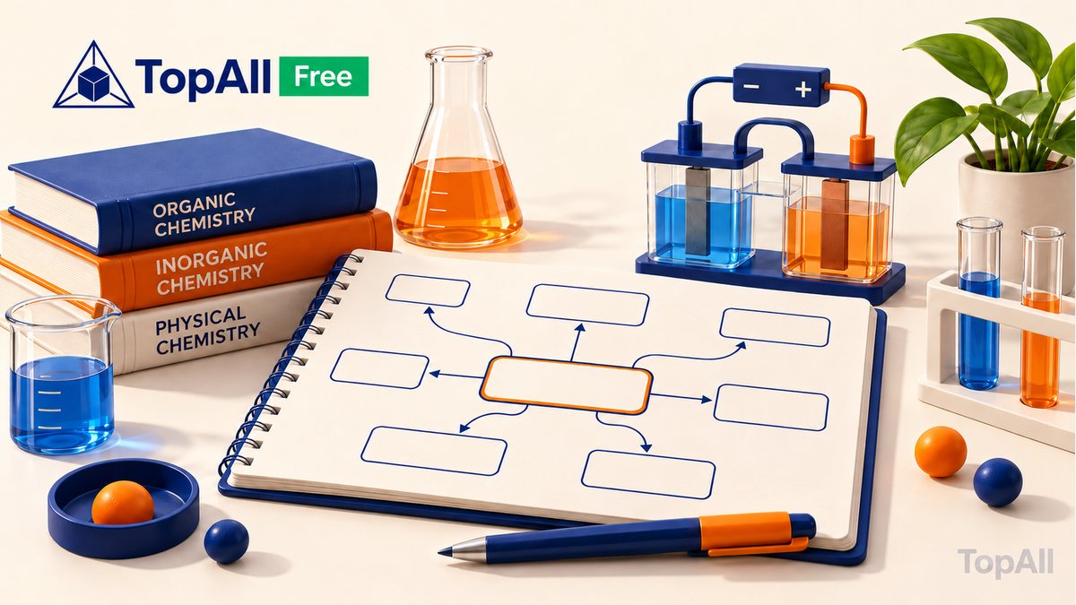 Reaction-map notebook, flask and a stylised cell for connected Chemistry concepts.