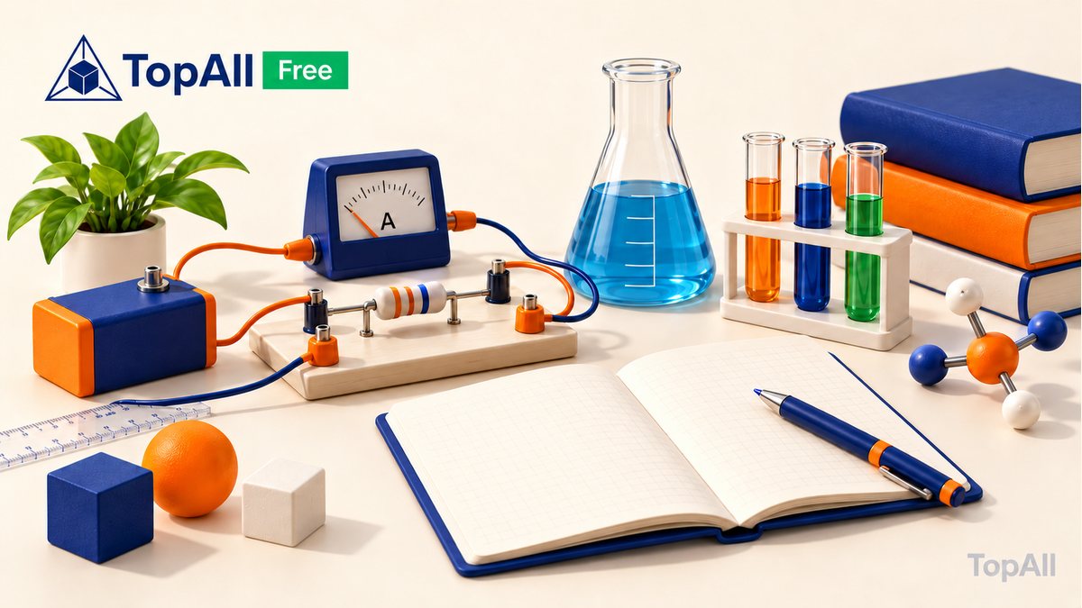 Circuit components, a measuring flask and a notebook for calculation checks.