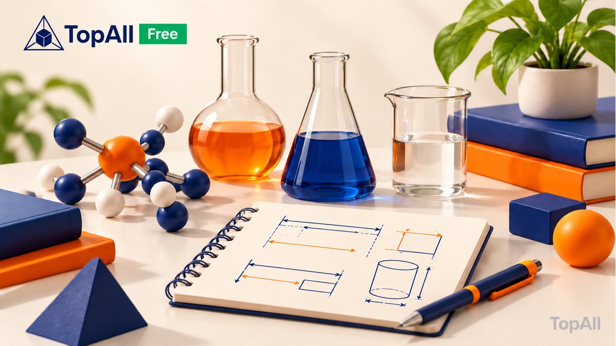 Laboratory vessels, a molecular model and a notebook for Chemistry revision.
